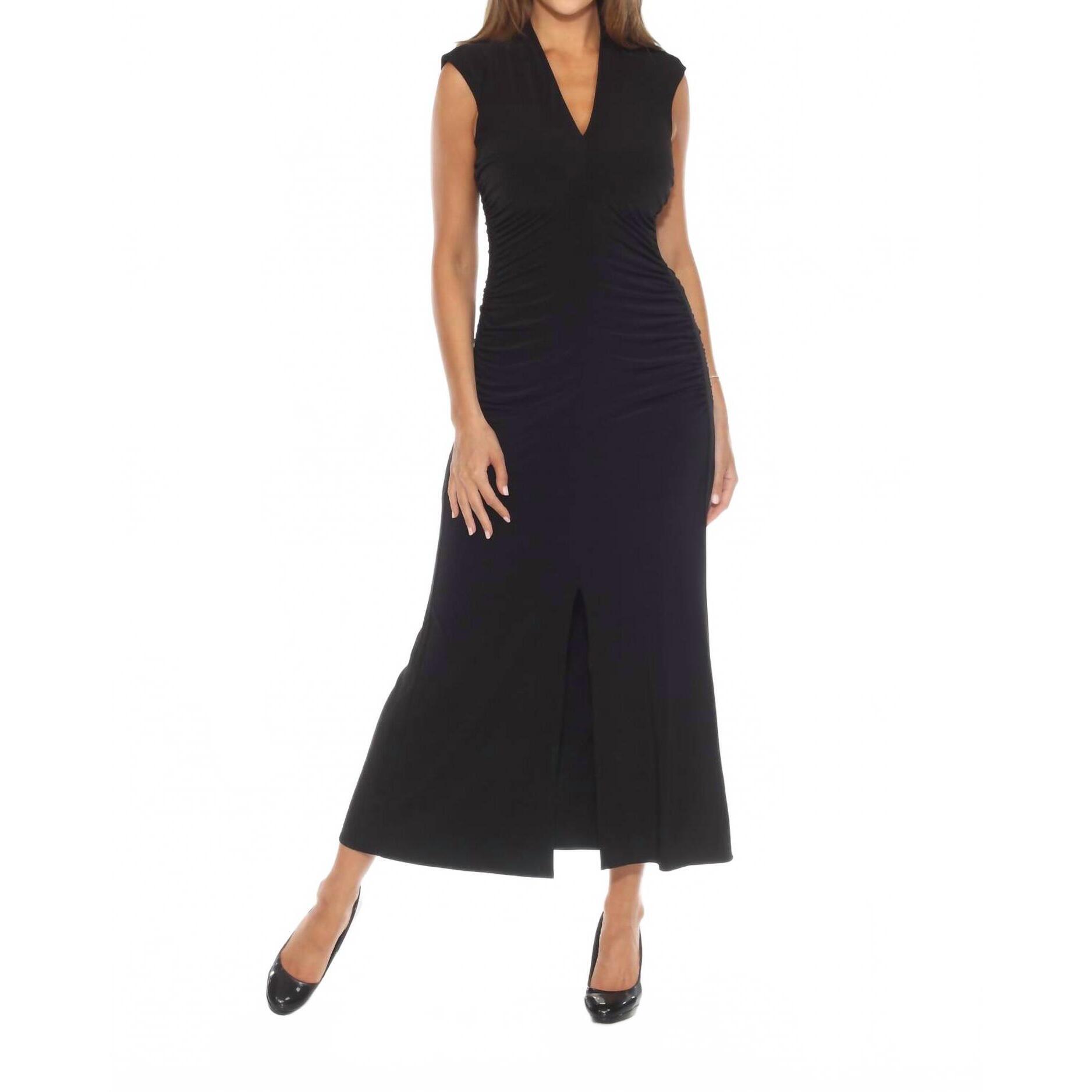 New Joseph Ribkoff Women's Ruched V-Neck High Slit Long Dress In Black
